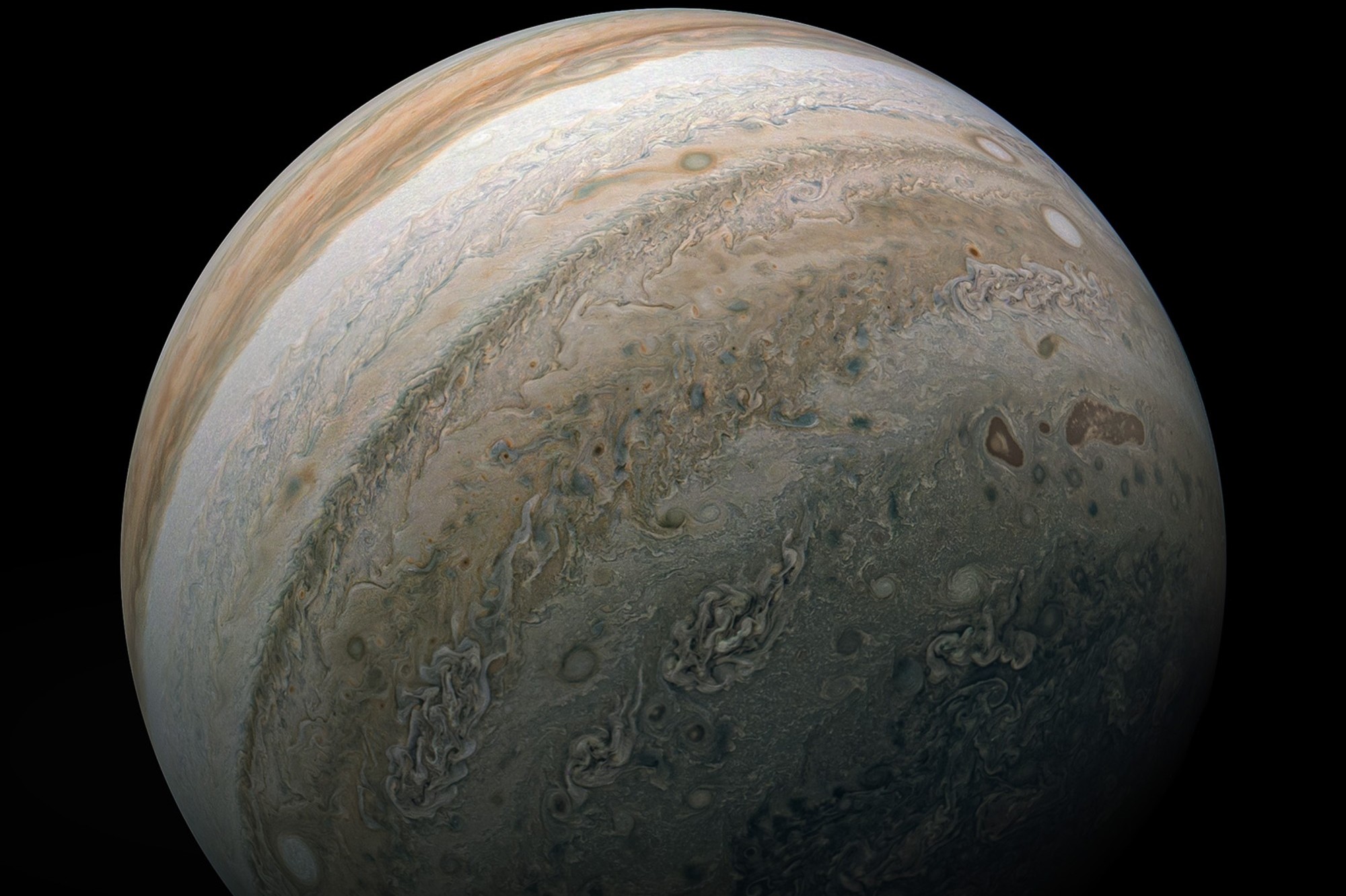 Observation de Jupiter par la sonde Juno le 17 février 2020 (image Wikipédia)